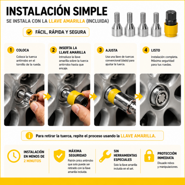 Set De Pernos De Seguridad Para Llantas Antirobo + Llave