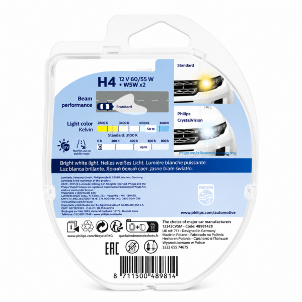 Ampolletas Philips CrystalVision H4 60/55W + W5W Pack 4
