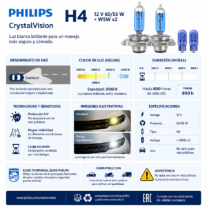 Ampolletas Philips CrystalVision H4 60/55W + W5W Pack 4